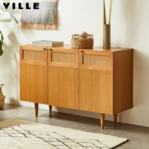 キャビネット サイドボード ビレ ラタン 幅120cm 高さ80cm 木製 扉式 可動棚 配線穴 背...
