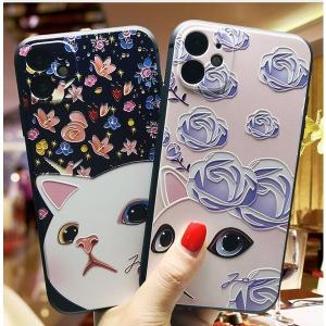 iPhoneケース 13 iPhone12 11 Pro SE3 SE2 XR 8 7 plus カメラ保護 ねこ 花柄 花 ばら ローズ 白猫 猫 レンズ保護 アイフォン 大人 かわいい 携帯 カバー