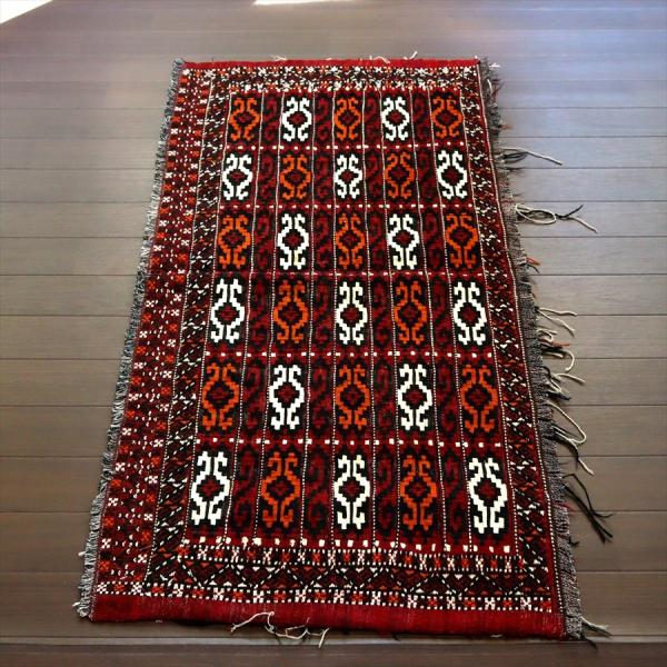 オールドキリム/トルクメン ヤムート 52x124cm 収納袋チュアルを開いたフラグメント　深いレッ...