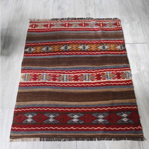 オールドキリム コンヤ　ストライプ＆ジジム 119x77cm ナチュラルブラウンにレッド ブルー