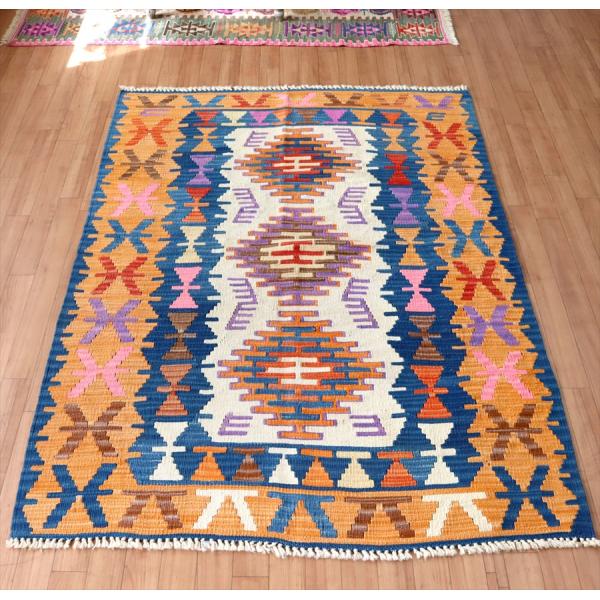 色にこだわるワンランク上のカイセリキリム 175x127cm ブルー&amp;オレンジ