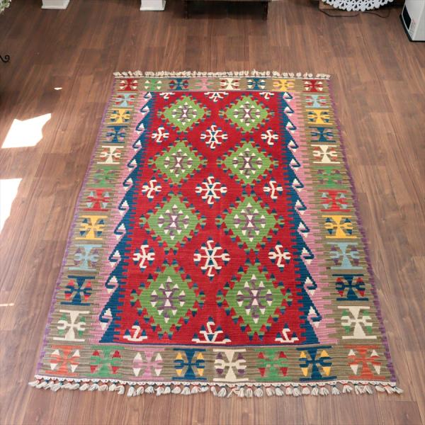 トルコの手織りキリム カイセリ 235x148cm ドラゴンのモチーフ レッド＆ブラウン