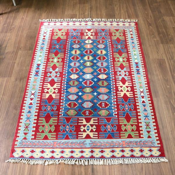 トルコ手織りキリム コンヤ　草木染 175x116cm ベレケットと翼を広げた鳥のモチーフ　ブルー＆...