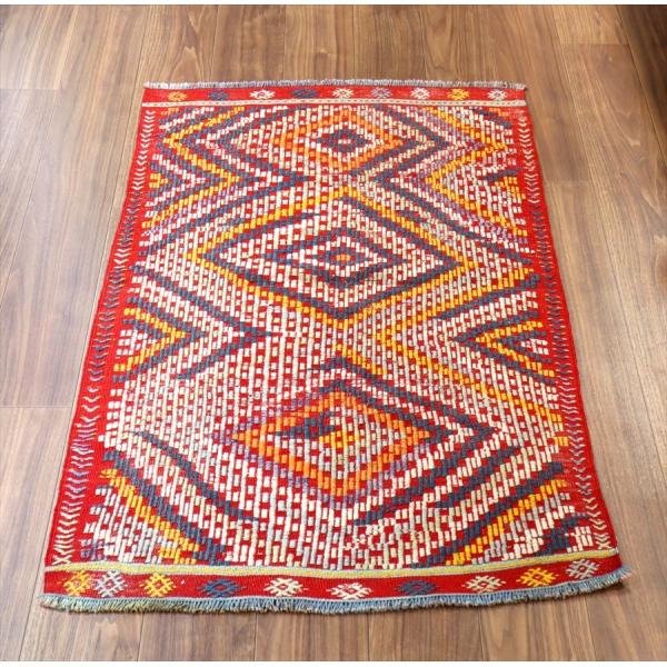 オールドキリム フェティエ/チェイレキ 128x80cm 赤にカラフルなジジム 連なるひし形