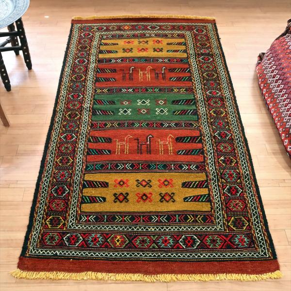 グチャン イランの手織りキリム 191x101cm 動物と幾何学モチーフ