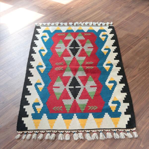 カイセリ産手織りキリム 116x78cm レッド＆アイボリー トルコの手織りラグ