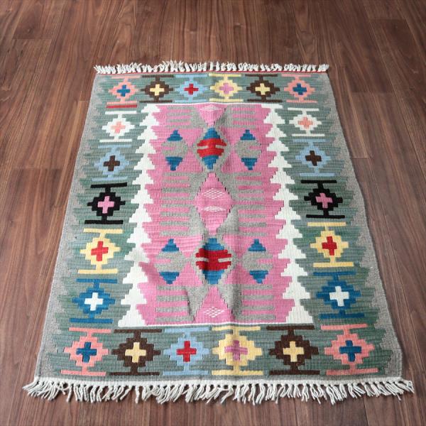 カイセリ産手織りキリム 124x82cm ピンク＆グリーン トルコの手織りラグ