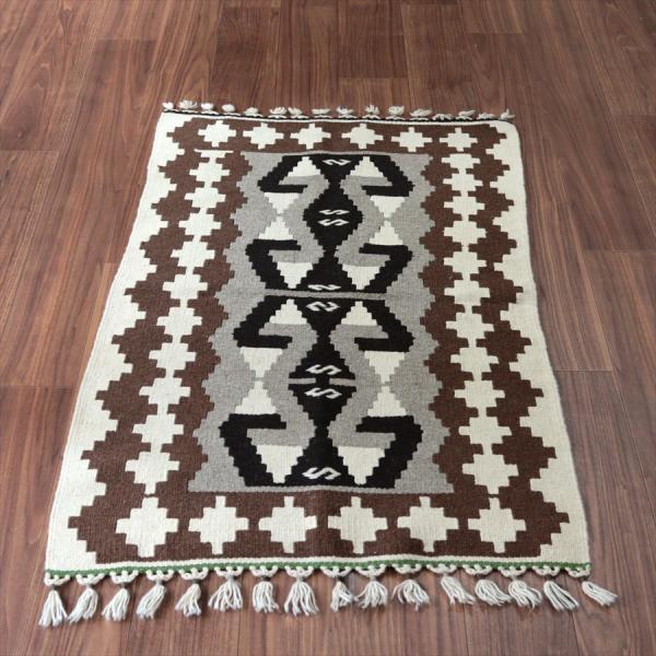 カイセリ産手織りキリム 雄羊の角 125x78cm ナチュラルモノトーン トルコの手織りラグ