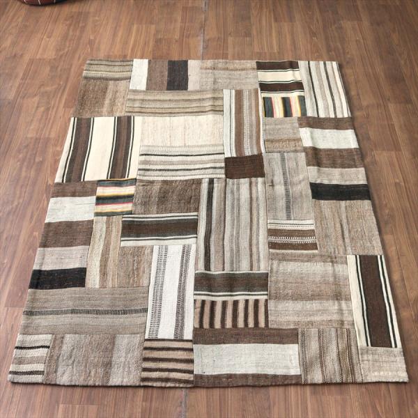 パッチワークキリム　表裏両面のリバーシブルタイプ 201x153cm 無染色のナチュラルカラー