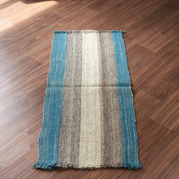 トルコの手織りキリム カルス 115x49cm ブルー＆グレー ストライプ