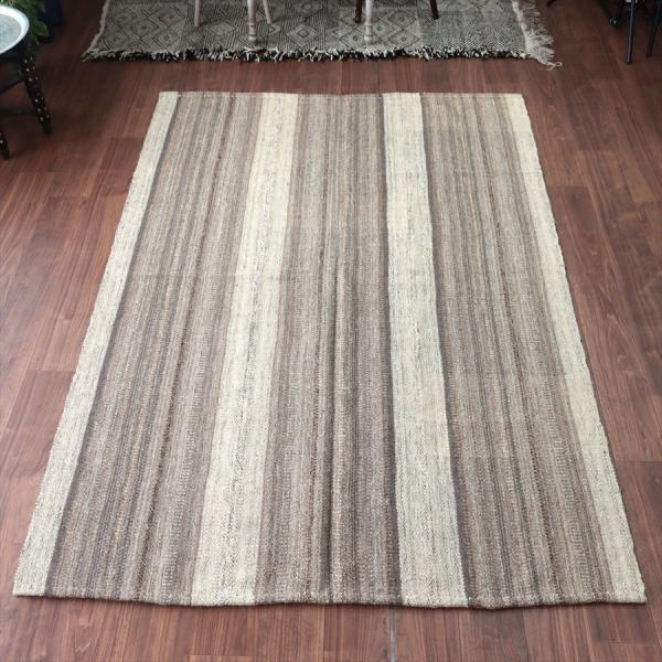 トルコの手織りキリム カルス 232x153cm ストライプ ブラウン＆アイボリー