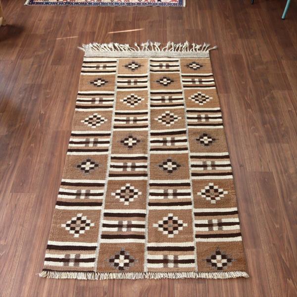 トルコの手織りキリム カルス 193x100cm 幾何学モチーフ ブラウン