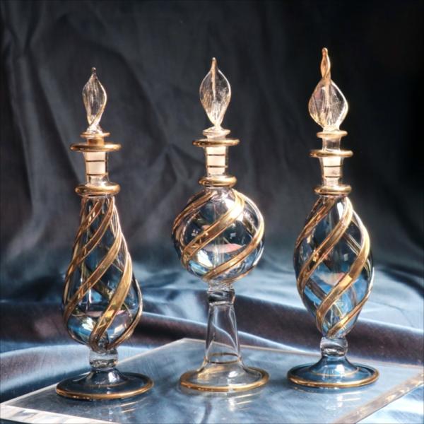 エジプトガラス香水瓶　３本セット ファラオ　ゴールドライン/ブルー