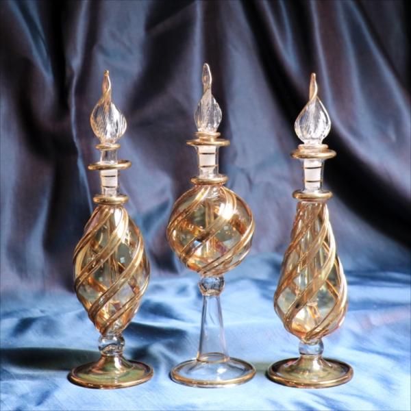 エジプトガラス香水瓶　３本セット ファラオ　ゴールドライン/イエロー