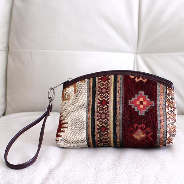 トルコデザインのポーチ シュニール素材幾何学モチーフ キリムデザイン/ダークレッド