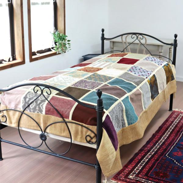 ベッドカバー ベッドスプレッド シングルサイズ パッチワーク シュニール素材 インテリアファブリック...