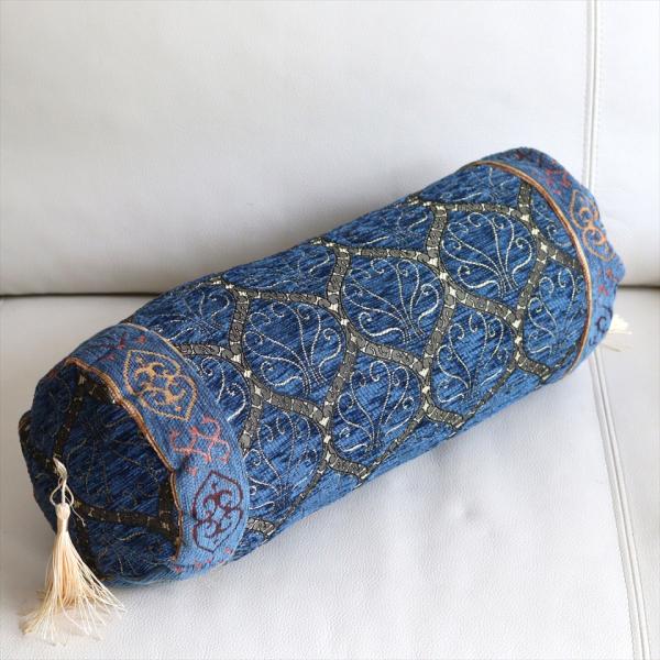 筒型のトルコシュニール素材 クッションカバー 45xφ15cm クレスト ネイビー