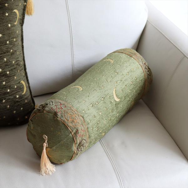 筒型のトルコシュニール素材クッションカバー 48xφ15cm スターリーナイト・ピスタチオグリーン
