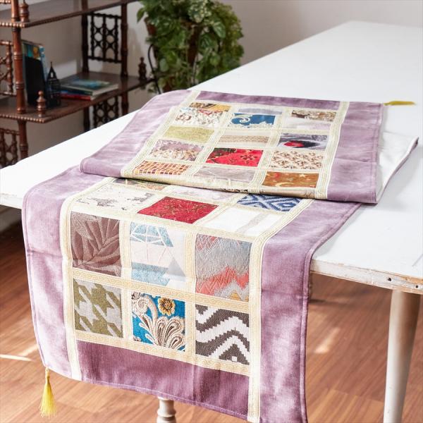 テーブルランナー　モザイクパッチワーク 200x50cmサイズ シュニール素材