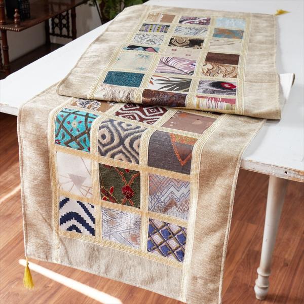 テーブルランナー　モザイクパッチワーク 200x50cmサイズ シュニール素材