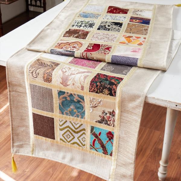 テーブルランナー　モザイクパッチワーク 200x50cmサイズ シュニール素材