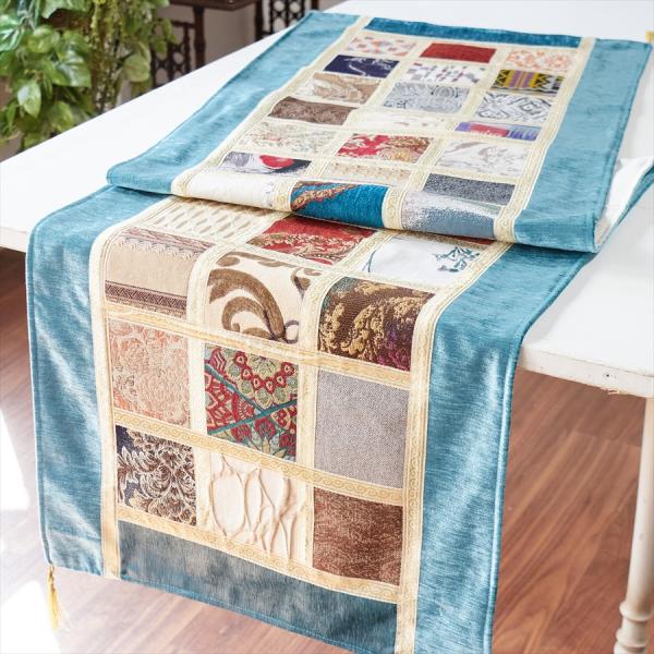 テーブルランナー　モザイクパッチワーク 200x50cmサイズ シュニール素材