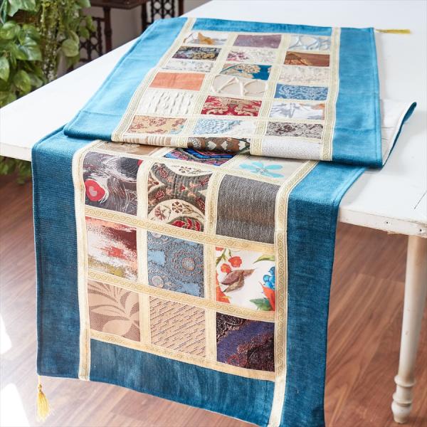 テーブルランナー　モザイクパッチワーク 200x50cmサイズ シュニール素材