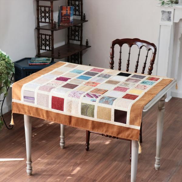 マルチカバー　モザイクパッチワーク 95x95cmサイズ シュニール素材