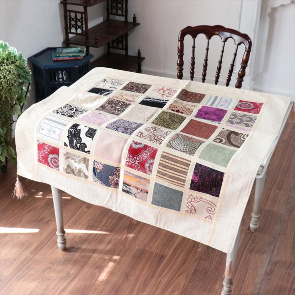 マルチカバー　モザイクパッチワーク 150x98cmサイズ シュニール素材