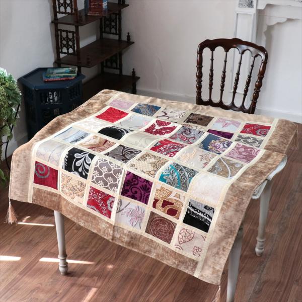 マルチカバー　モザイクパッチワーク 150x98cmサイズ シュニール素材