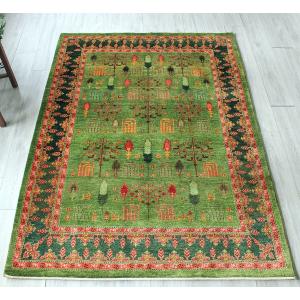 手織りラグ ギャッベ ギャベ ルリバフ リビングサイズ 細かな織りの伝統柄207x156cm グリーン 糸杉 動物モチーフ