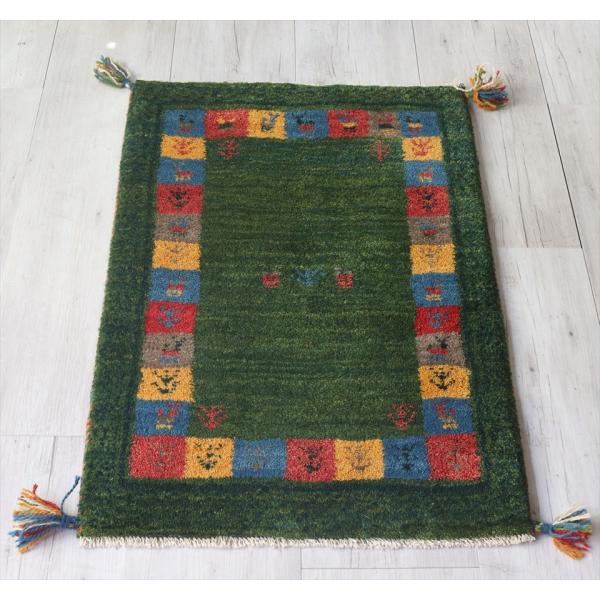 ギャッベ 玄関マットサイズ84x60cm グリーン　カラフルスクエア　ボーダー　動物と植物モチーフ