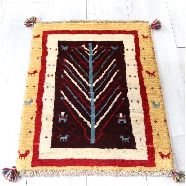 ギャッベ　玄関マット　イランの手織りラグ84x61cm カラフル　生命の樹　植物と動物のモチーフ