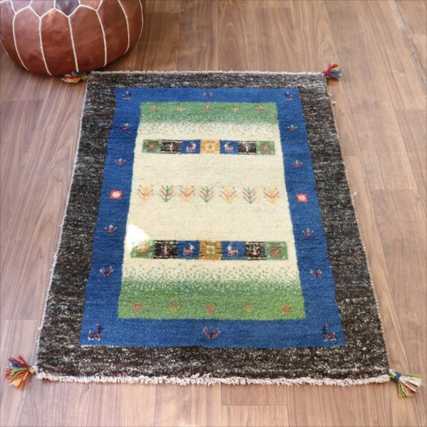 ギャッべ　玄関マット　イラン製手織りラグ　121x84cm ベージュ＆グリーン/ブルー＆ダークブラウ...