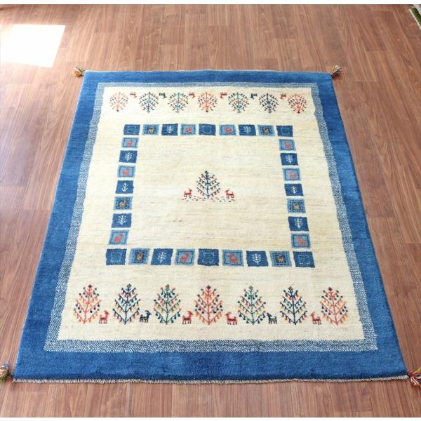 ギャッベ　イラン製手織りラグ 197x154cm ブルー＆ナチュラルアイボリー　タイル　生命の樹