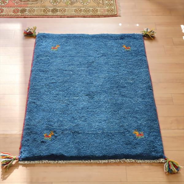 ギャッベ 玄関マット 88x62cm ブルー　シンプル