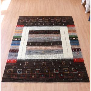 ギャッベ Nowbaft ダークブラウン 198x151cm レインボーカラーのボーダー