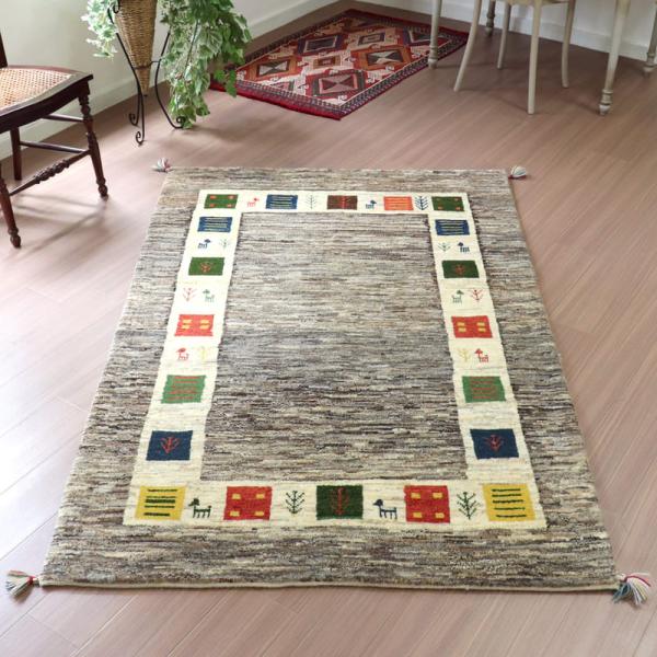 ギャッベ イランの手織りラグ 181x121cm グレー タイル枠のデザイン