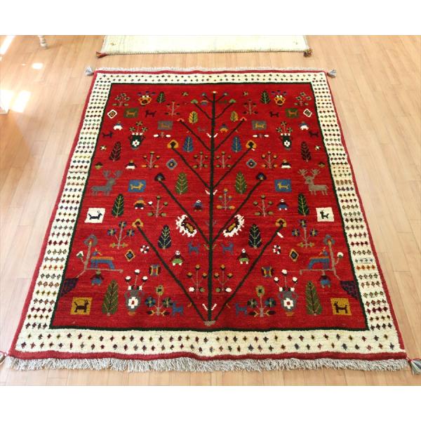 ギャッベ イランの手織りラグ 192x149cm レッド 生命の樹と様々なモチーフ