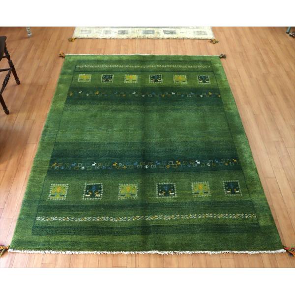 イランの手織りラグ ギャッベ 195x148cm グリーングラデーション