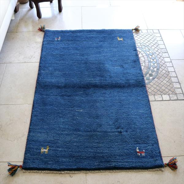 ギャッベ イランの手織りラグ 126x79cm ブルー シンプルモチーフ