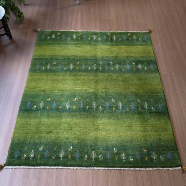 ギャッベ イラン産手織り 190x150cm グリーングラデーション 毛足の長いふかふかな織り