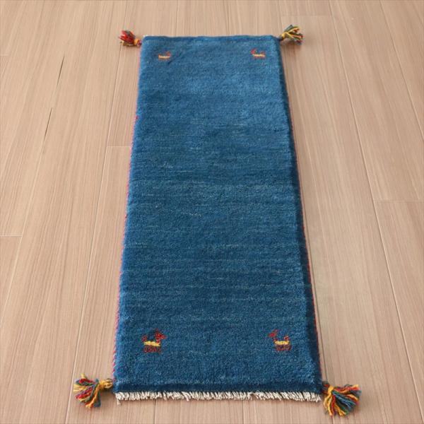 ギャッベ イラン産手織りラグ　ミニランナー 115x40cm ブルー　シンプル　無地