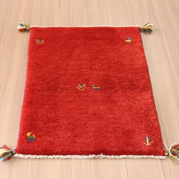 ギャベ イラン製手織りラグ 玄関マット 88x62cm 明るいレッド 無地