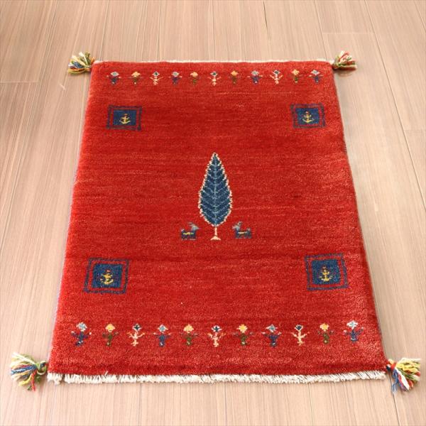 ギャッベ 玄関マット 90x60cm レッド ヤギと生命の樹
