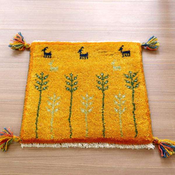 ギャッベ　座布団サイズ 39x41cm 背の高い草花　オレンジ　イラン産手織りギャッベ