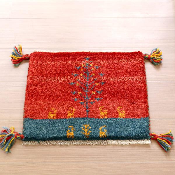 ギャッベ　座布団サイズ 35x41cm レッド　生命の木　イラン産手織りギャッベ