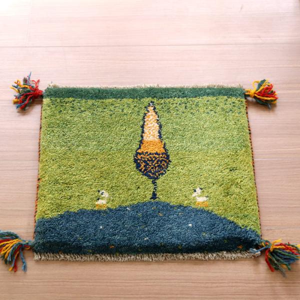 ギャッベ　座布団サイズ 38x43cm 背の高い糸杉の木　イラン産手織りギャッベ