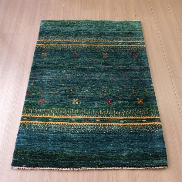 ギャッベ　ノマド　イラン産手織りラグ 125x80cm 深いグリーン　オレンジストライプ