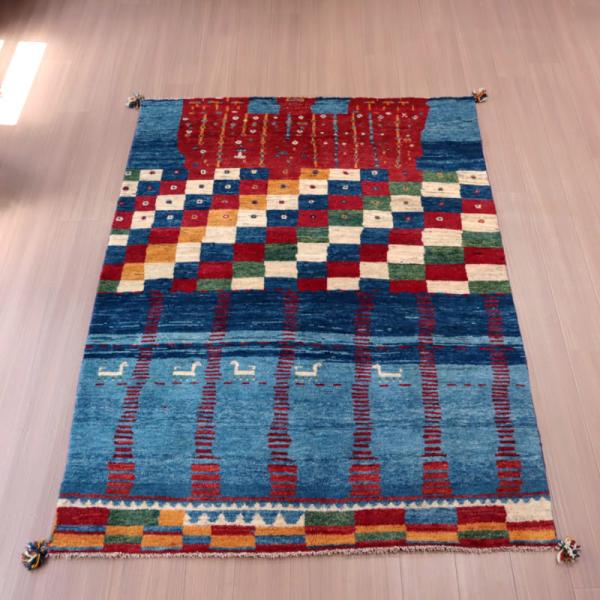 ギャッベ　カシュカイ族の手織りラグ　アマレバフ 212x146cm ブルー　カラフルタイル　